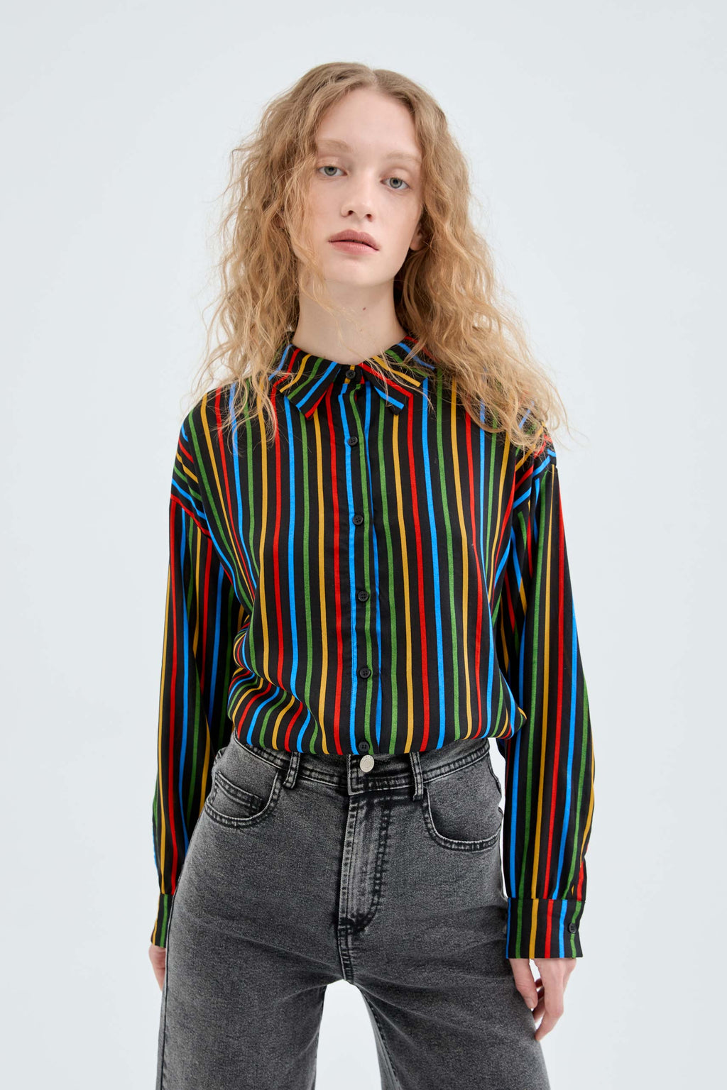 Ellie Rainbow Stripe Button Down Blouse
