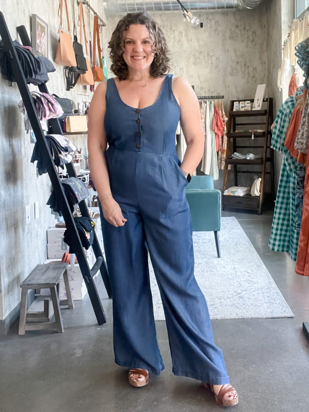 Erin Button Front Wide Leg Chambray Jumpsuit
