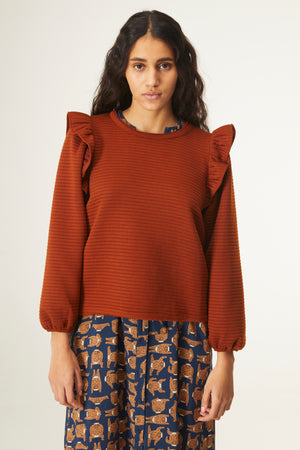 Sally Quilted Sweatshirt with Ruffles in Camel