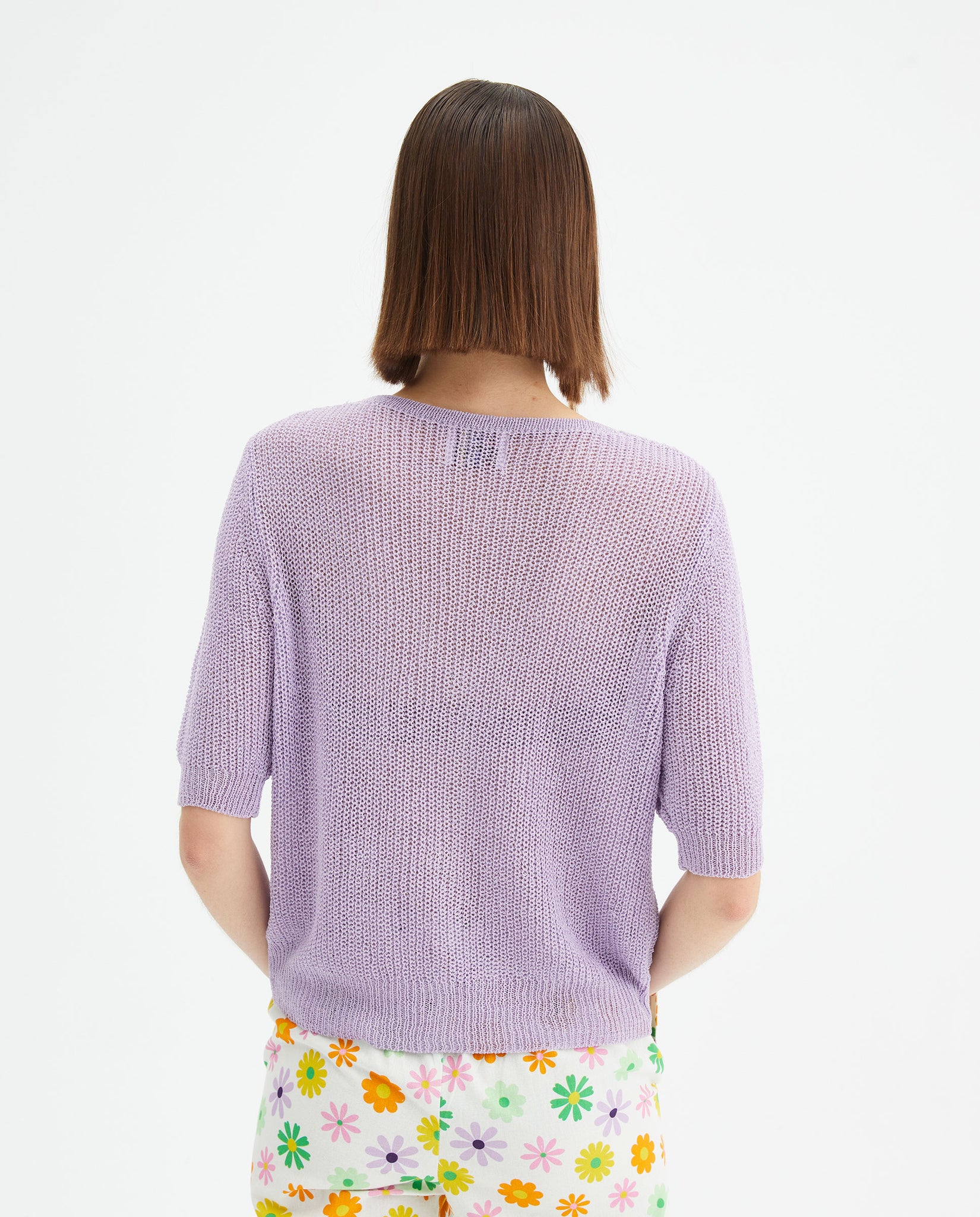 Lola Short Sleeve Crochet Cardigan in Lilac