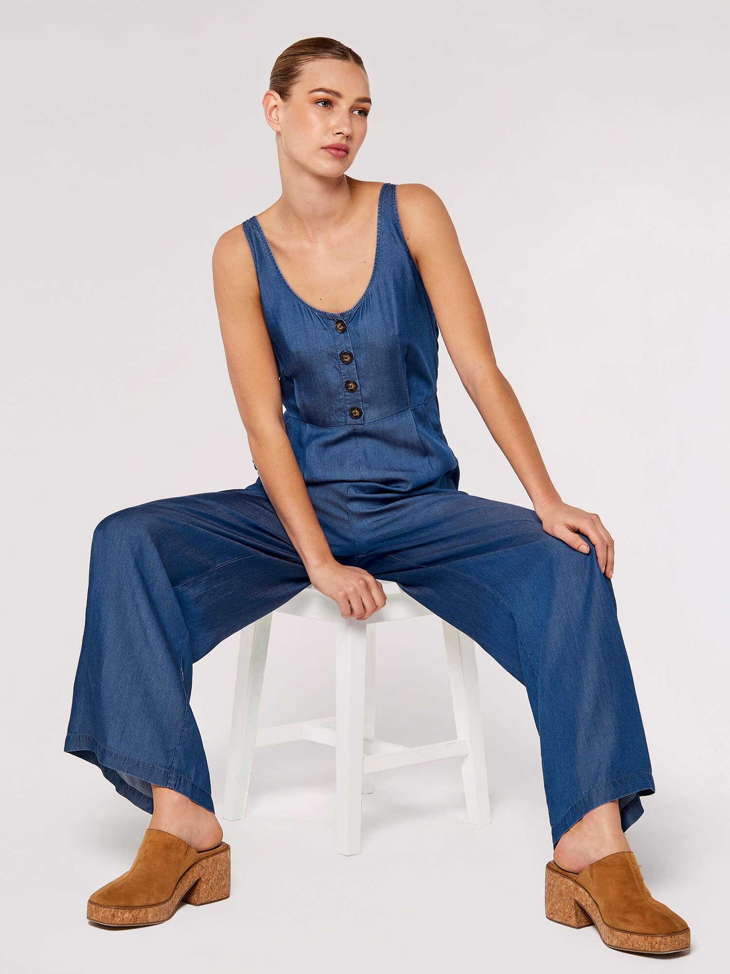 Erin Button Front Wide Leg Chambray Jumpsuit