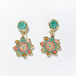 Ink + Alloy Small Dot & Floral Brass Beaded Earring - Coral Mint