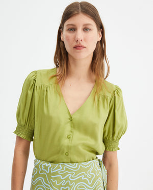Button Down V Neck Blouse in Green