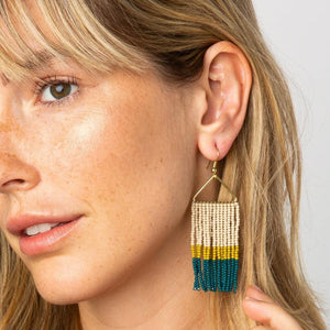 Ink + Alloy Peacock Citron Ivory Color Block Fringe Beaded Earring