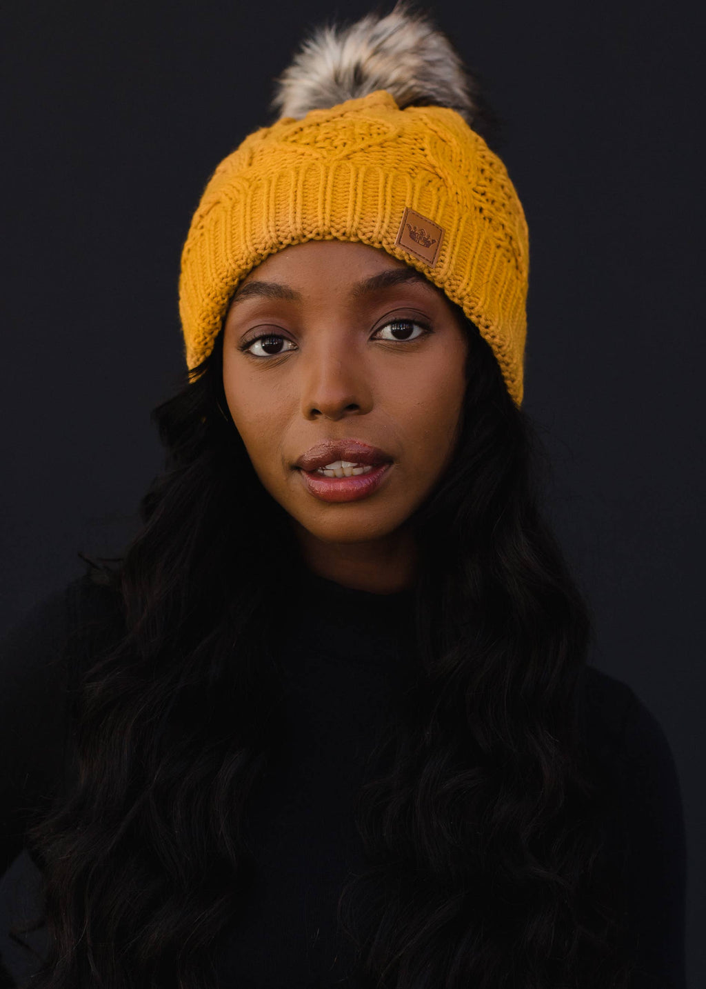 Mustard Cable Knit Pom Hat