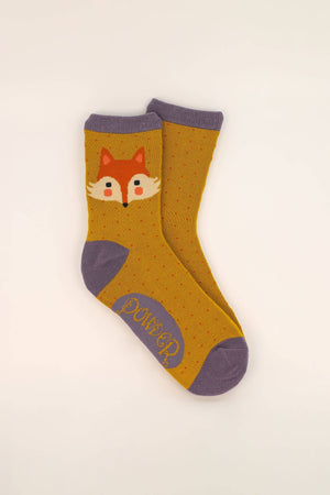 Cheeky Fox Face Ankle Socks - Mustard